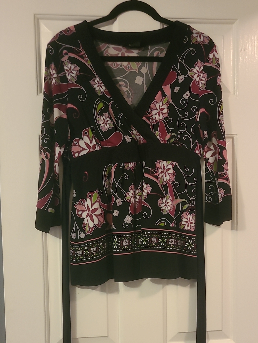 Style & Co. Black Floral Wrap Top with Pink and White Accents